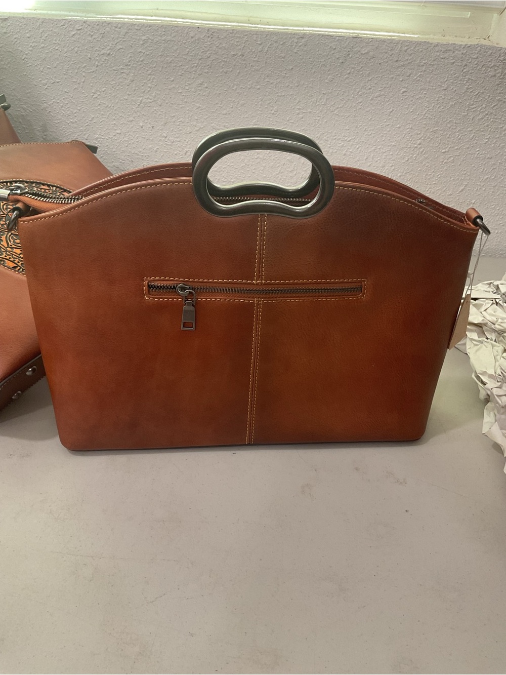 Gray Structured Shoulder Bag with Dual Top Handles